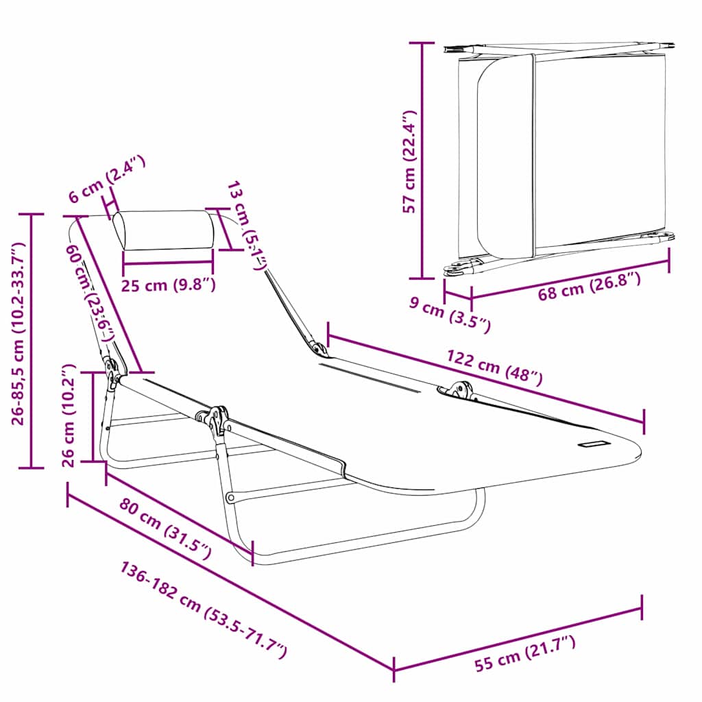 Klappbare Sonnenliege Grau 182 x 55 x 85,5 cm Textilene
