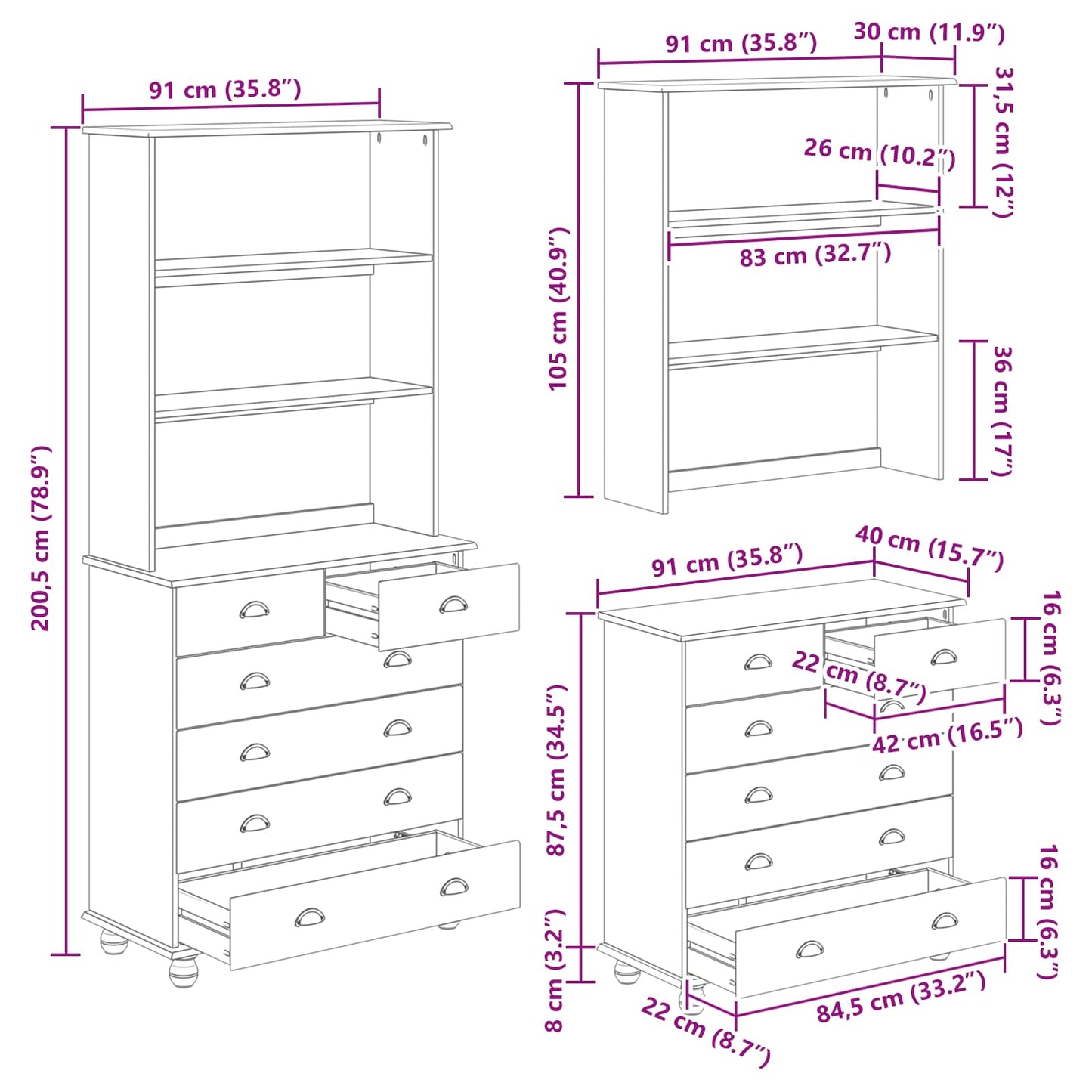 Hutch ASKIM Honigwachs 91 x 40 x 200,5 cm Massives Kiefernholz