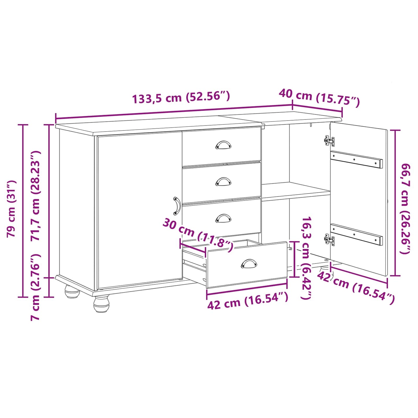 Sideboard ASKIM 133,5 x 40 x 79 cm Massivholz Kiefer