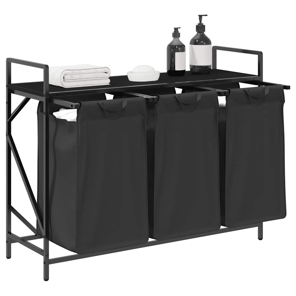 Panier à linge 3 compartiments avec étagère aspect chêne noir