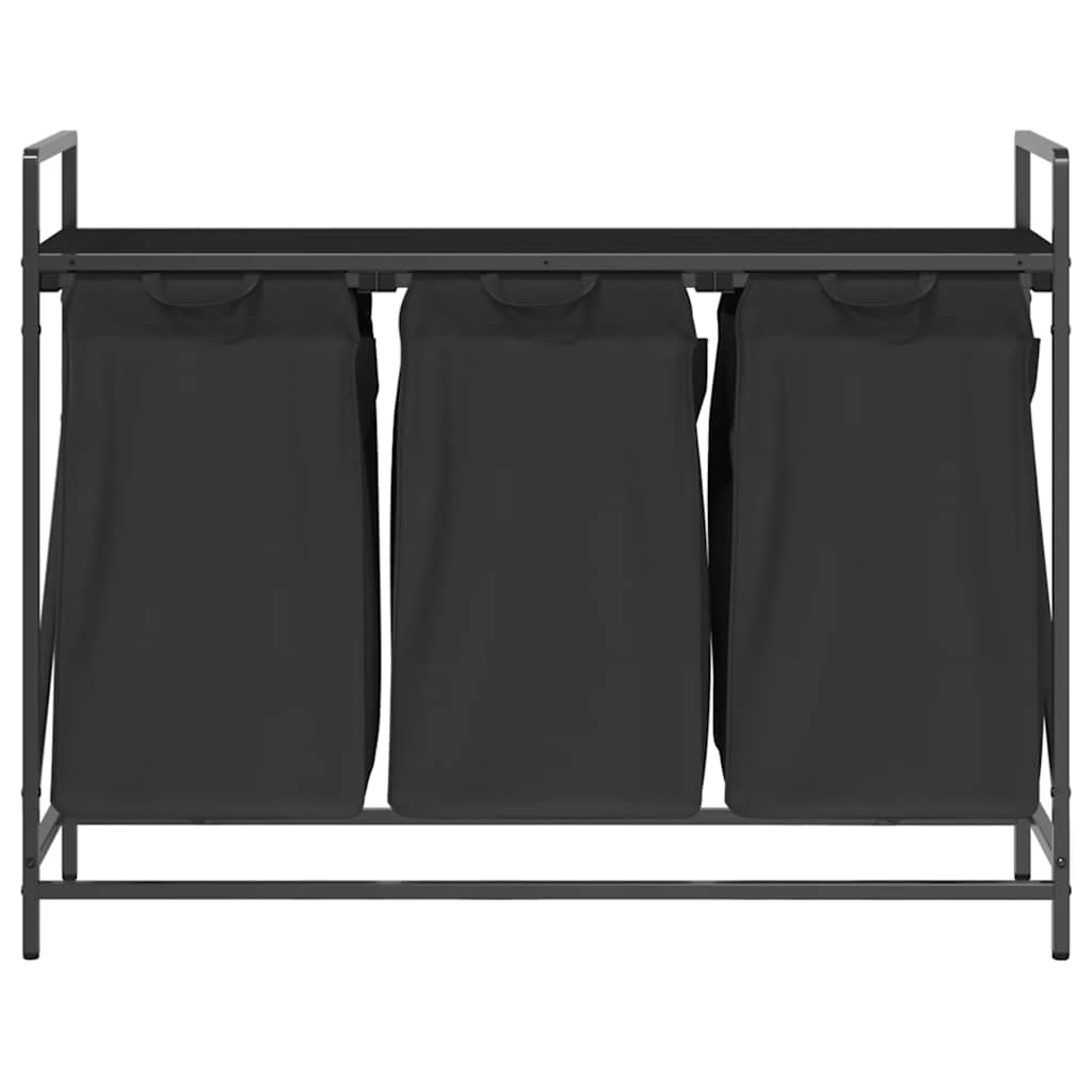Panier à linge 3 compartiments avec étagère aspect chêne noir