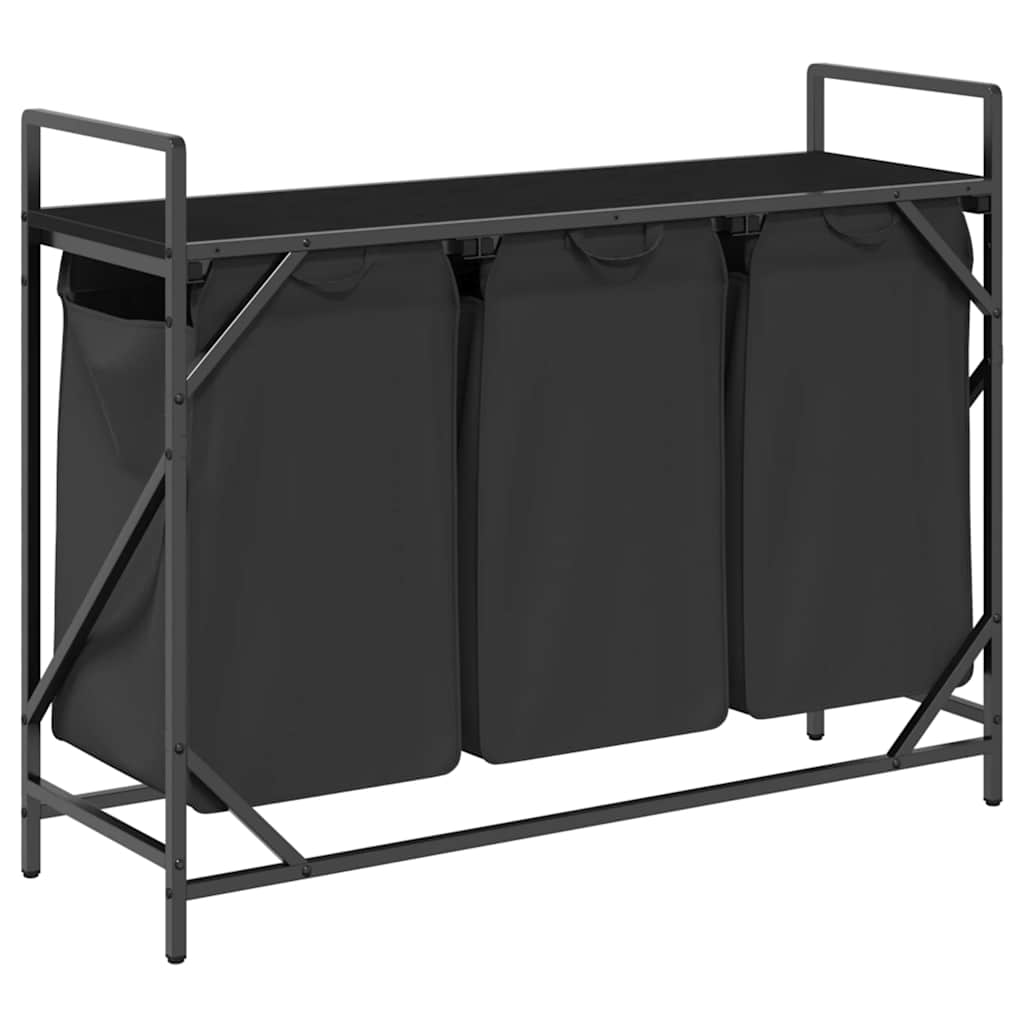Panier à linge 3 compartiments avec étagère aspect chêne noir