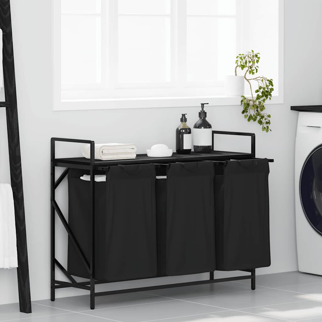 Panier à linge 3 compartiments avec étagère aspect chêne noir