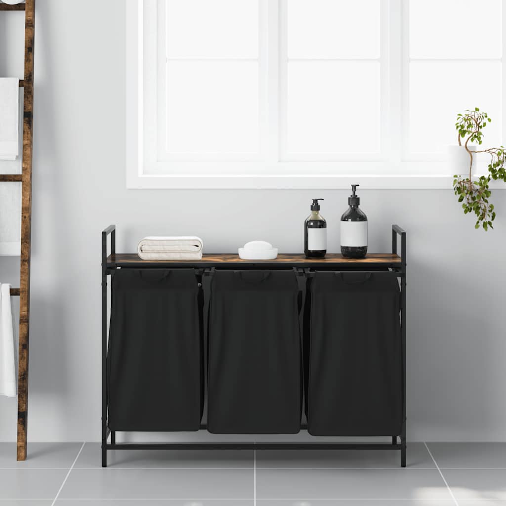 Panier à linge 3 compartiments avec étagère en chêne fumé