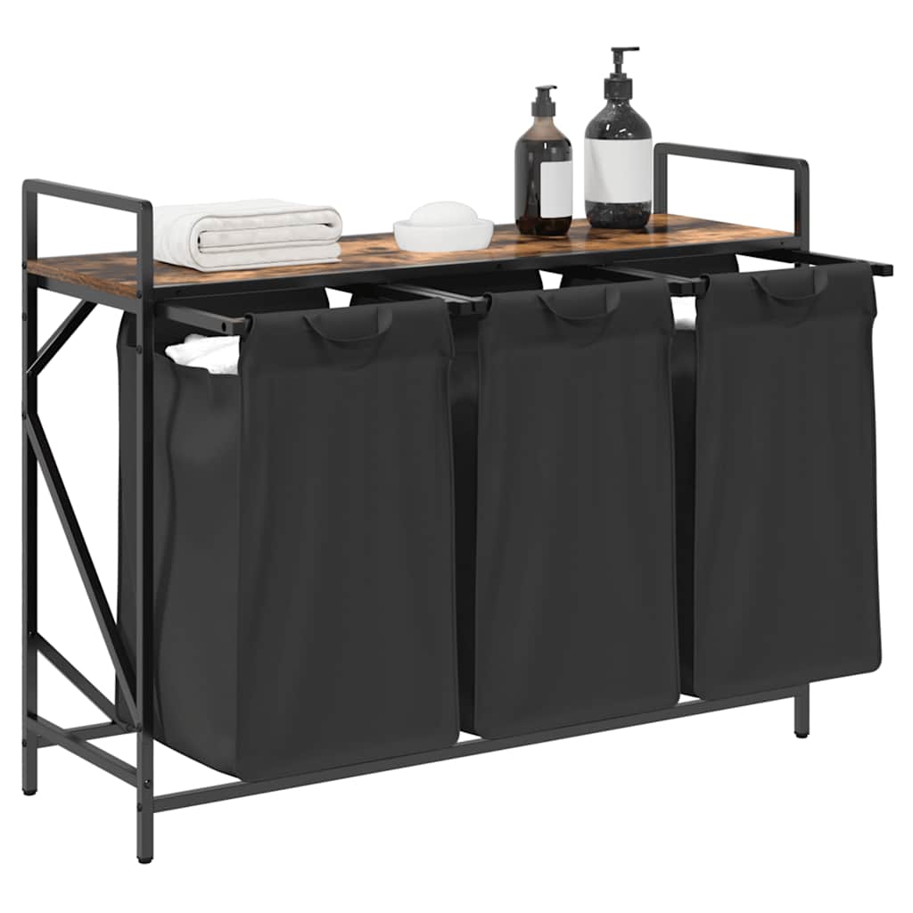 Panier à linge 3 compartiments avec étagère en chêne fumé