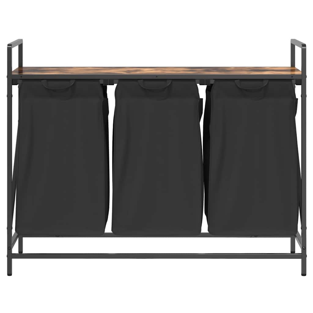 Panier à linge 3 compartiments avec étagère en chêne fumé
