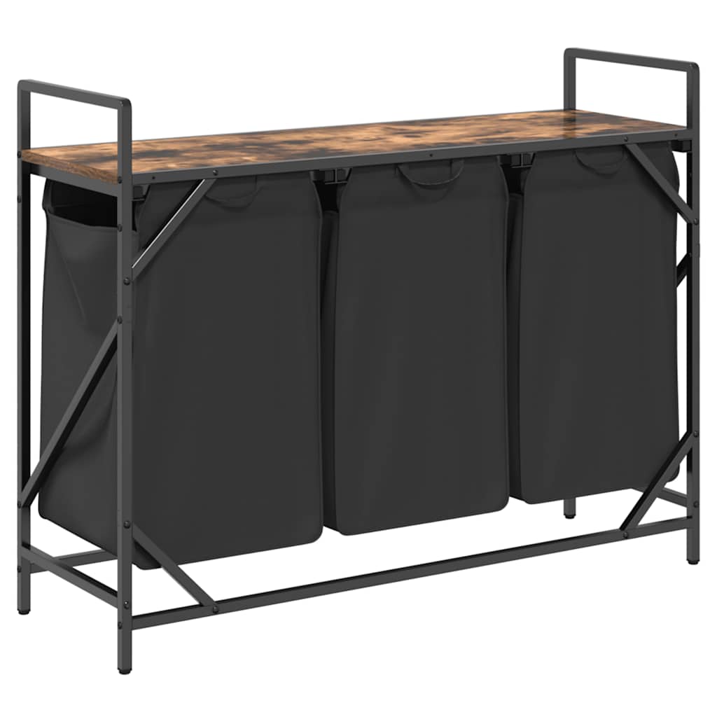 Panier à linge 3 compartiments avec étagère en chêne fumé
