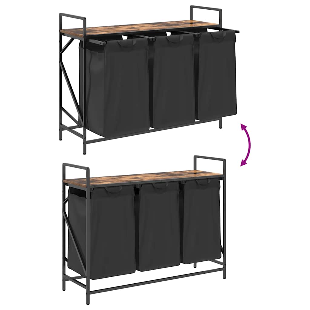 Panier à linge 3 compartiments avec étagère en chêne fumé