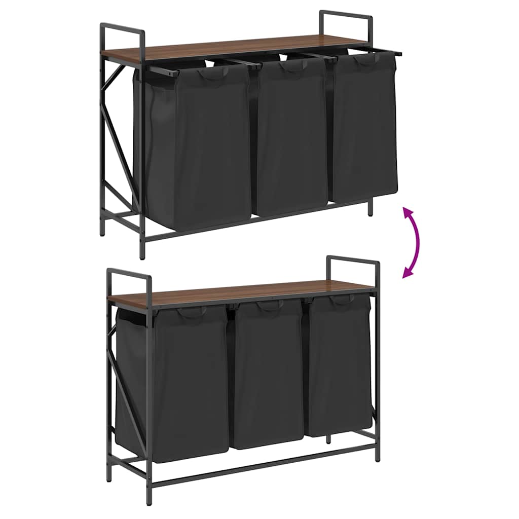 Panier à linge 3 compartiments avec étagère aspect chêne marron