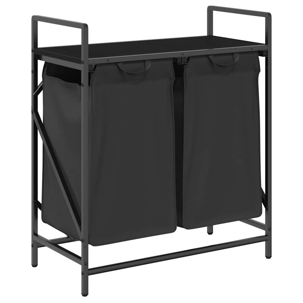 Panier à linge 2 compartiments avec étagère aspect chêne noir