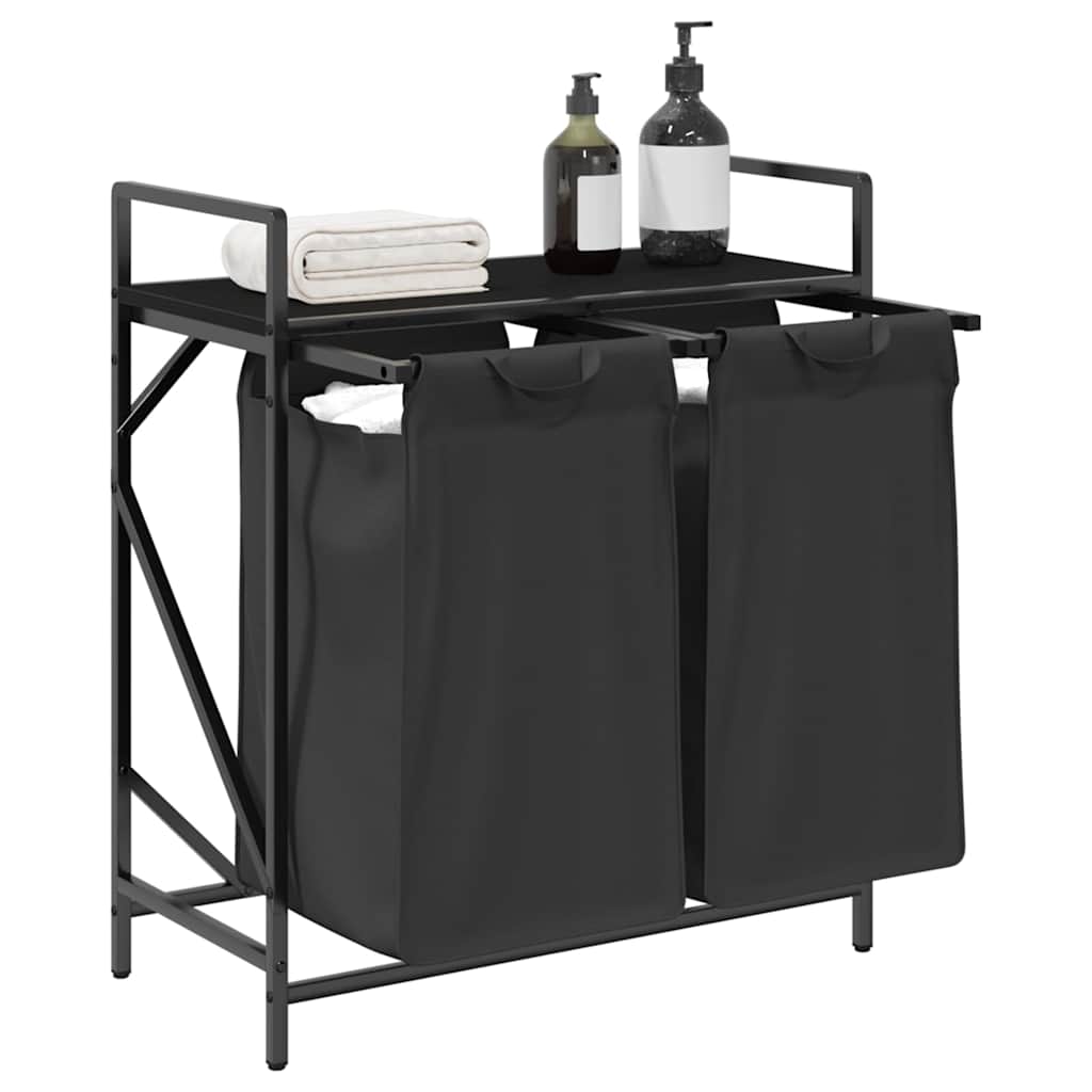 Panier à linge 2 compartiments avec étagère aspect chêne noir