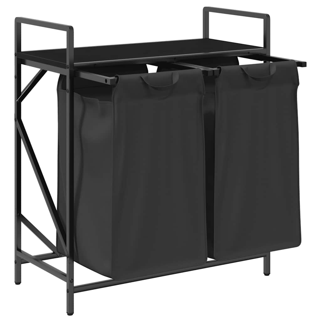 Panier à linge 2 compartiments avec étagère aspect chêne noir