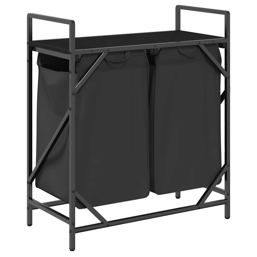 Panier à linge 2 compartiments avec étagère aspect chêne noir