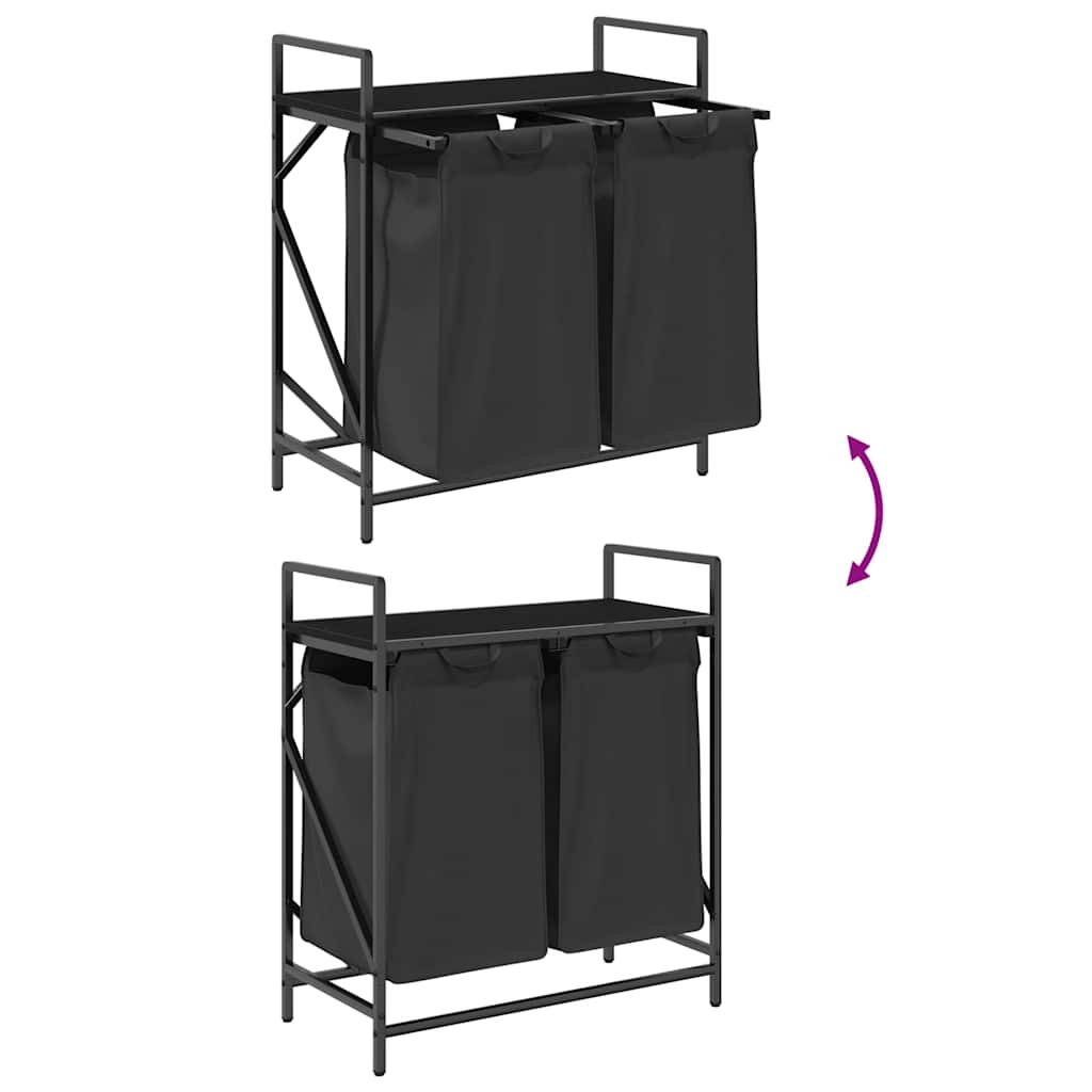 Panier à linge 2 compartiments avec étagère aspect chêne noir