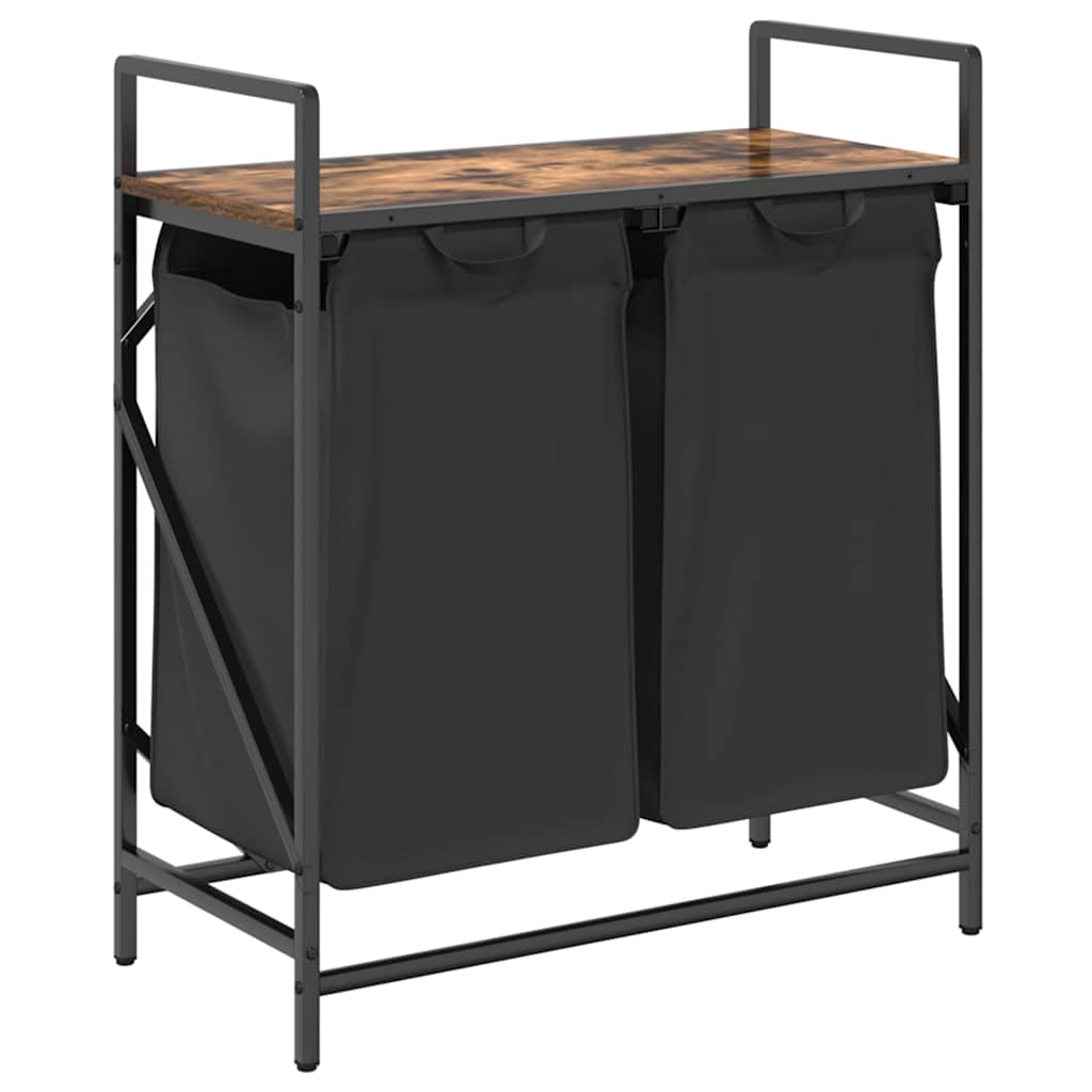Panier à linge 2 compartiments avec étagère en chêne fumé