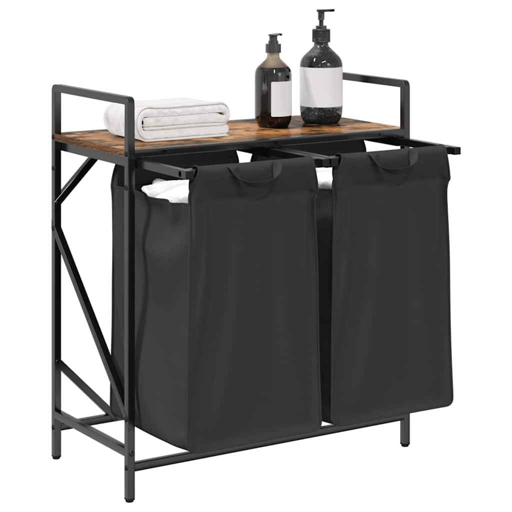Panier à linge 2 compartiments avec étagère en chêne fumé