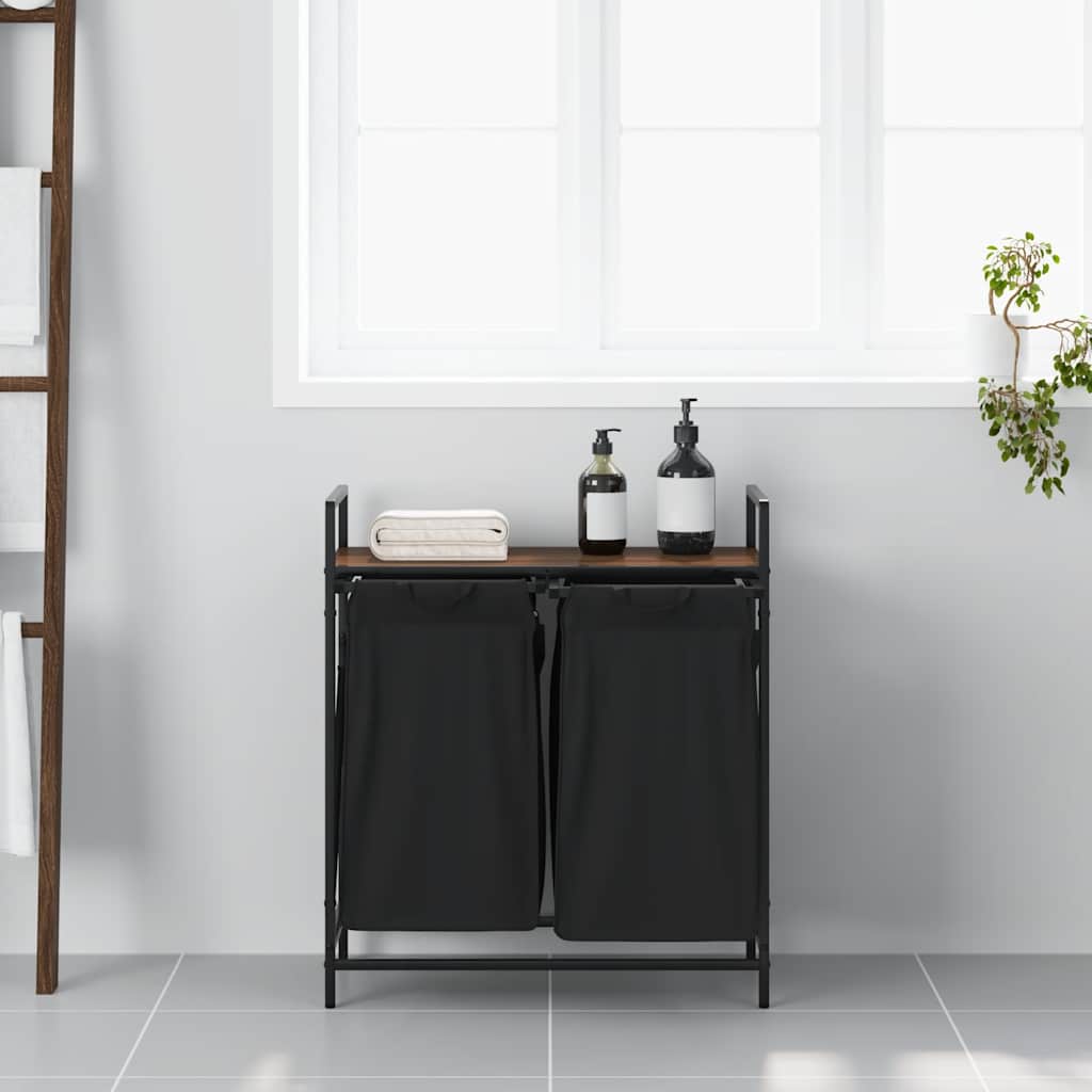 Panier à linge 2 compartiments avec étagère aspect chêne marron