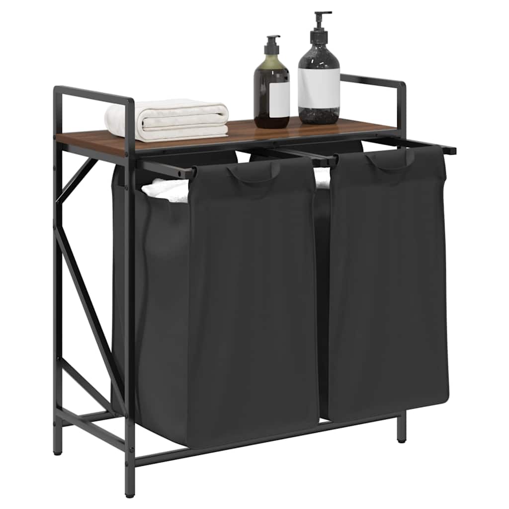 Panier à linge 2 compartiments avec étagère aspect chêne marron