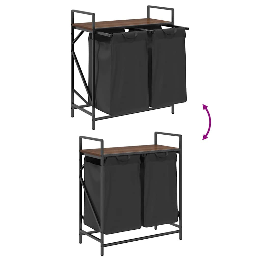 Panier à linge 2 compartiments avec étagère aspect chêne marron