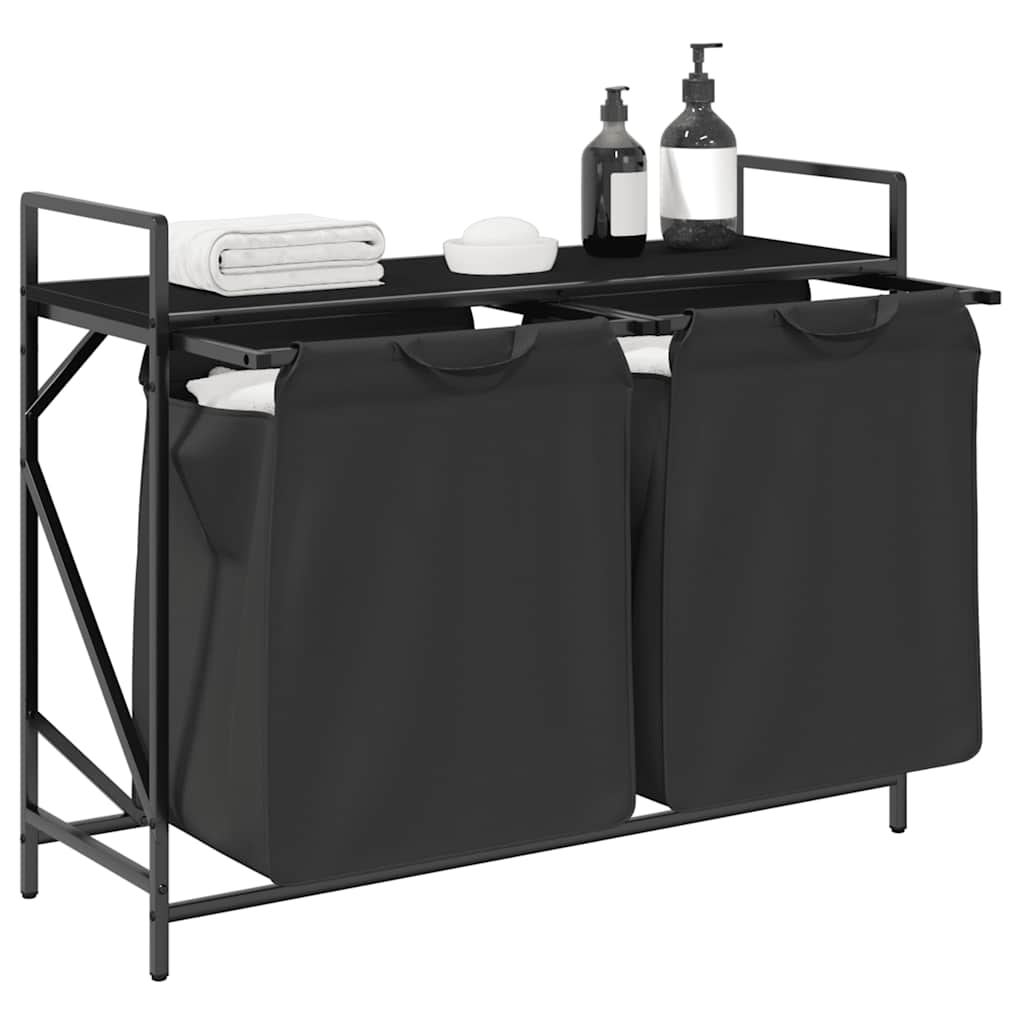 Panier à linge 2 compartiments avec étagère aspect chêne noir