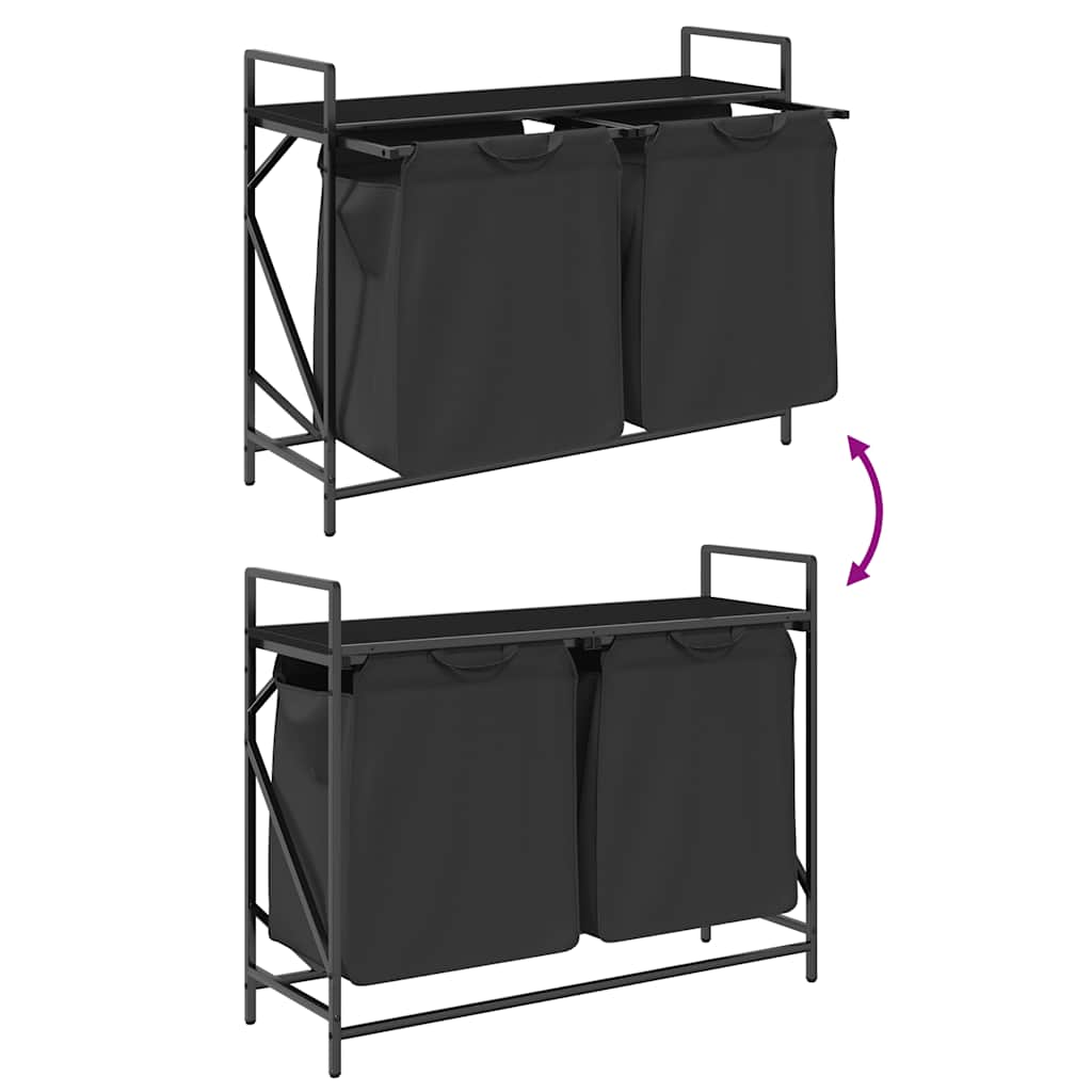 Panier à linge 2 compartiments avec étagère aspect chêne noir