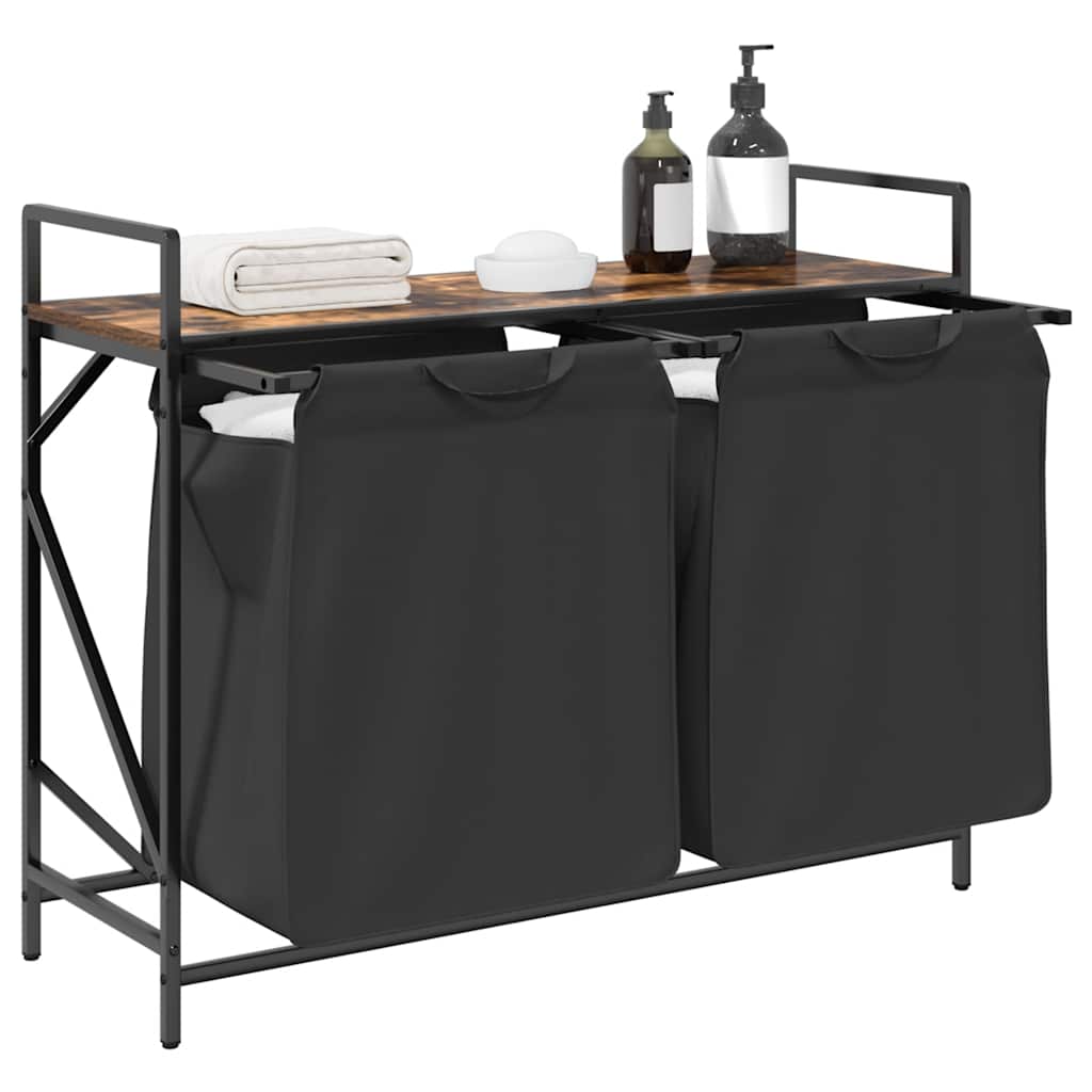 Panier à linge 2 compartiments avec étagère en chêne fumé