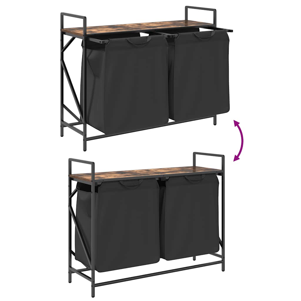 Panier à linge 2 compartiments avec étagère en chêne fumé