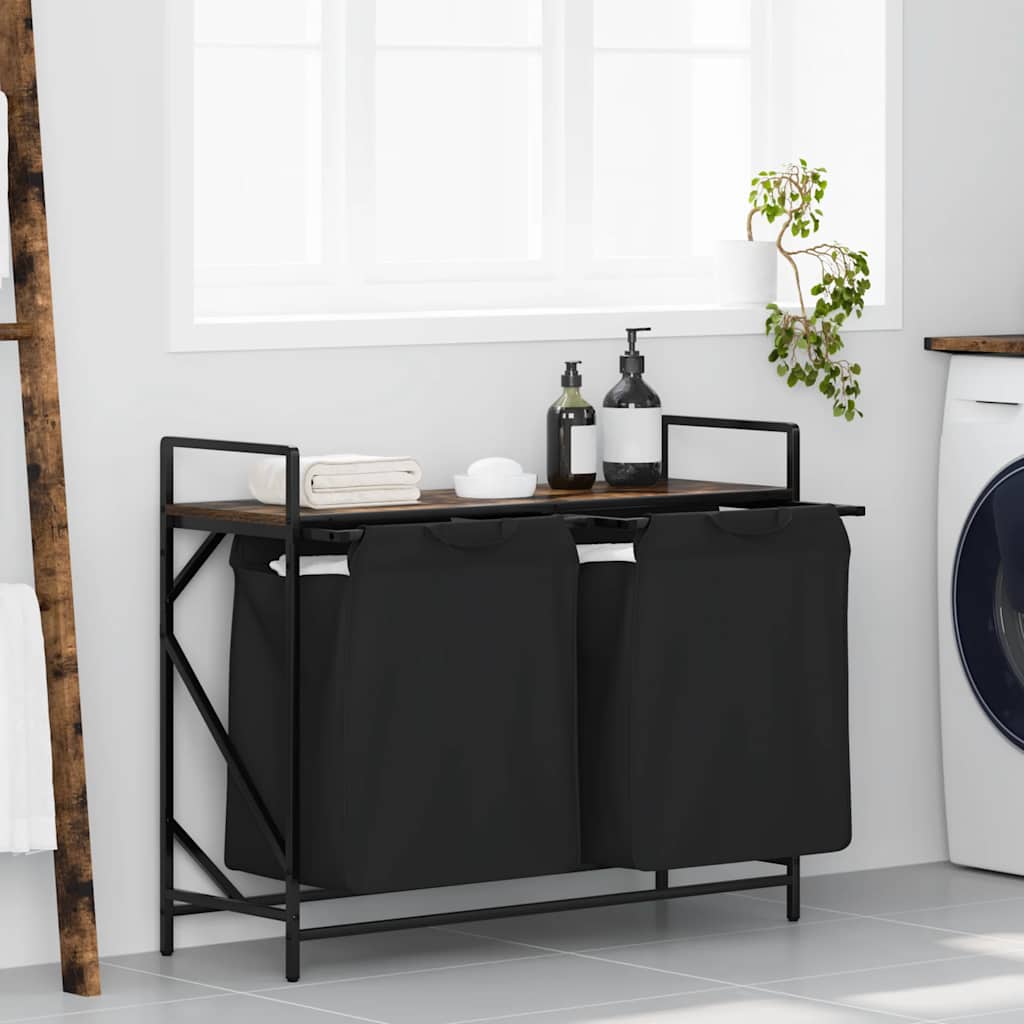 Panier à linge 2 compartiments avec étagère en chêne fumé