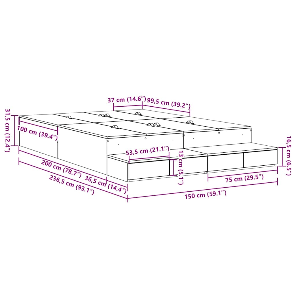 Bett mit Stauraum Altholz 236.5 x 150 x 31.5 cm Holzwerkstoff