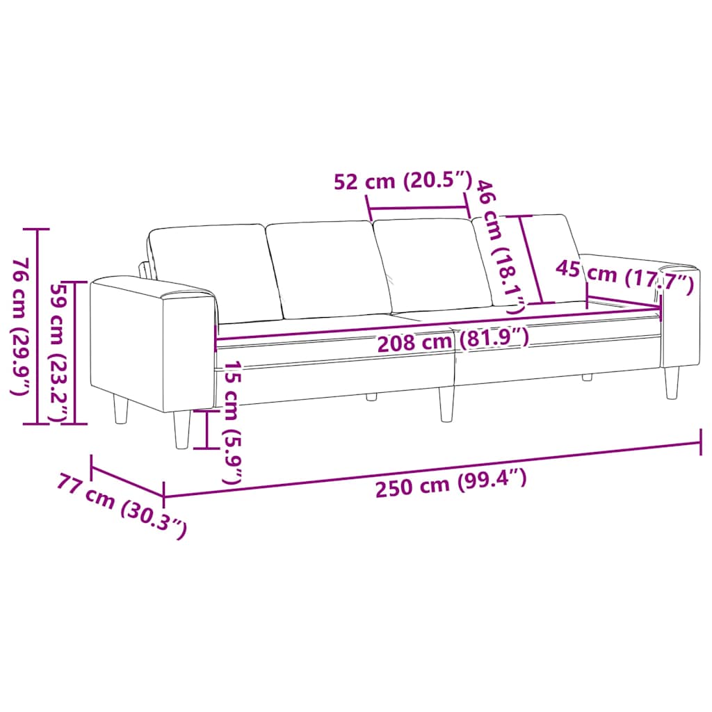 Wohnzimmer Couch Schwarz 250 x 77 x 76 cm Polyester