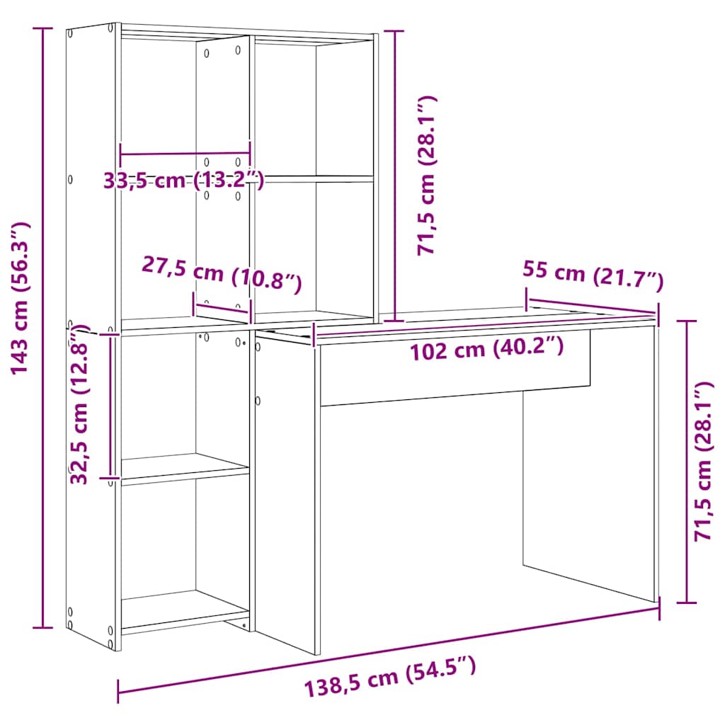 Schreibtisch Sonoma-Eiche 138.5 x 55 x 143 cm Holzwerkstoff