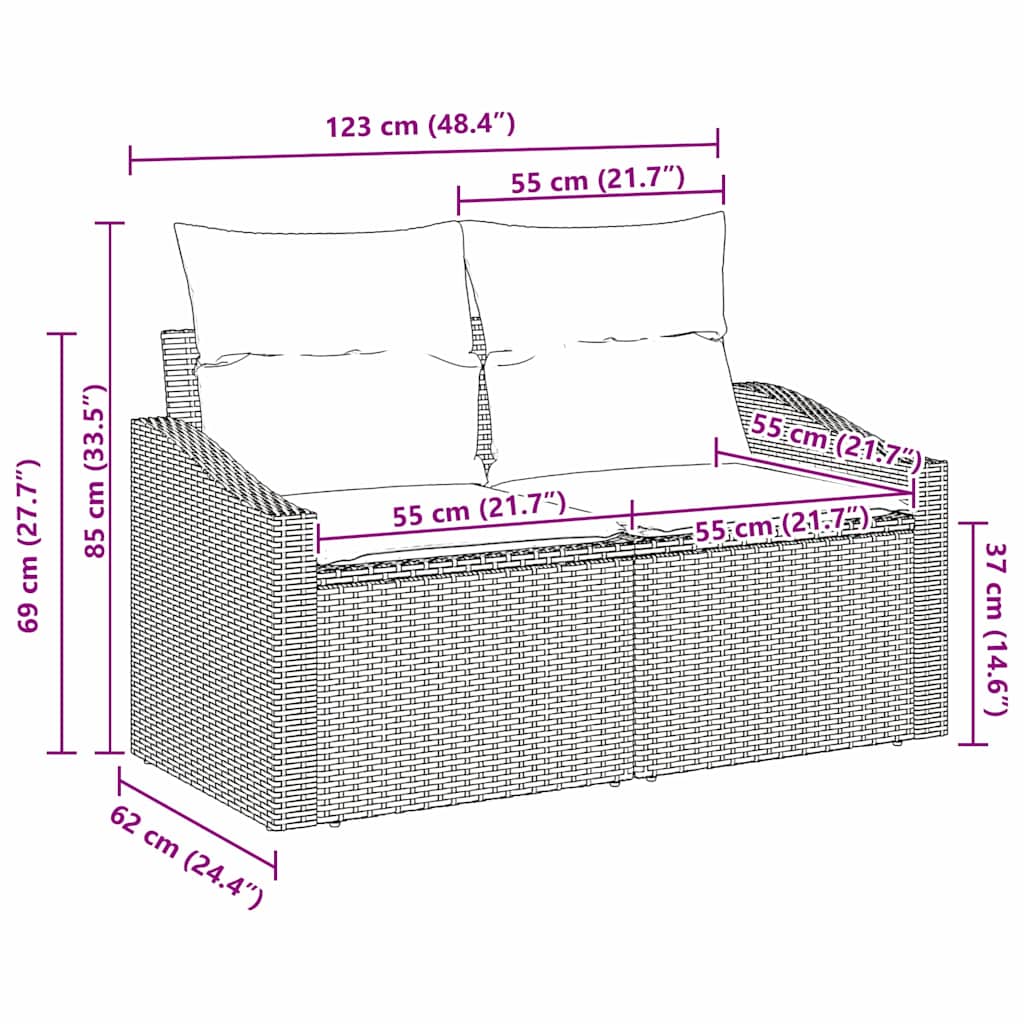 Garten-Sofa mit Kissen 123 x 62 x 69 cm Poly-Rattan