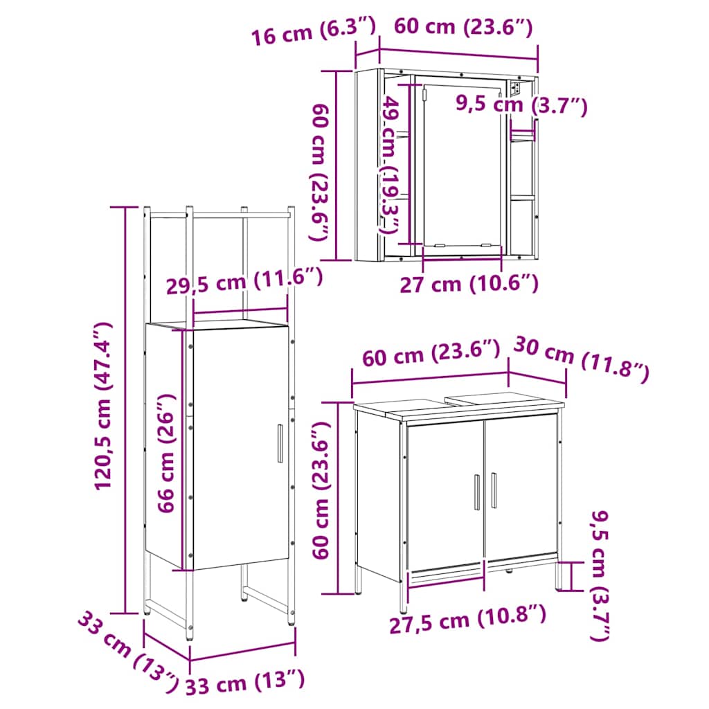 Badezimmermöbel-Set 3 stk. Braun 60 x 30 x 60 cm Holzwerkstoff