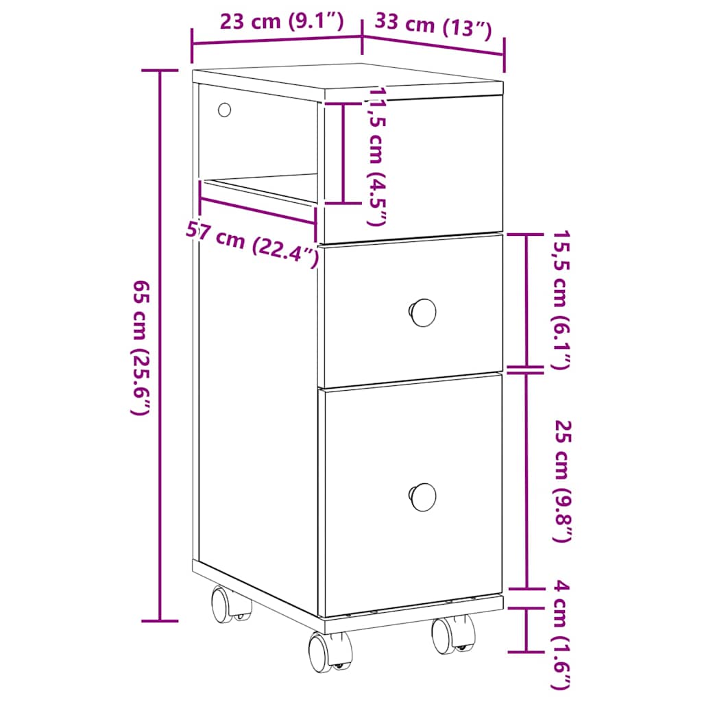 Schmaler Badschrank mit Rad Schwarze Eiche 33 x 23 x 65 cm