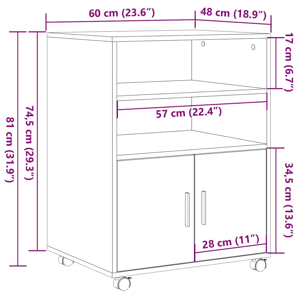 Schrank Schwarz Eichen-Optik 60 x 48 x 74,5 cm Mit Rädern