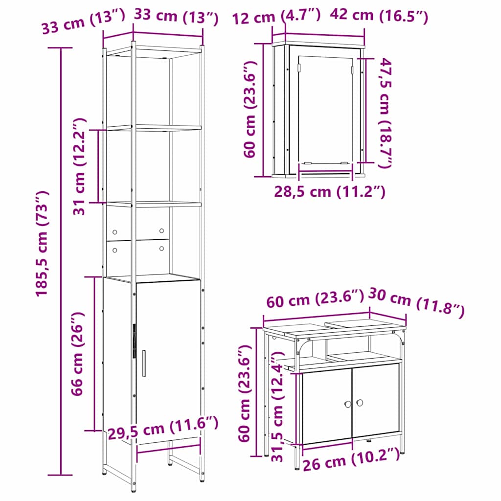 Badezimmermöbel-Set 3 stk. Sonoma-Eiche 33 x 33 x 185,5 cm