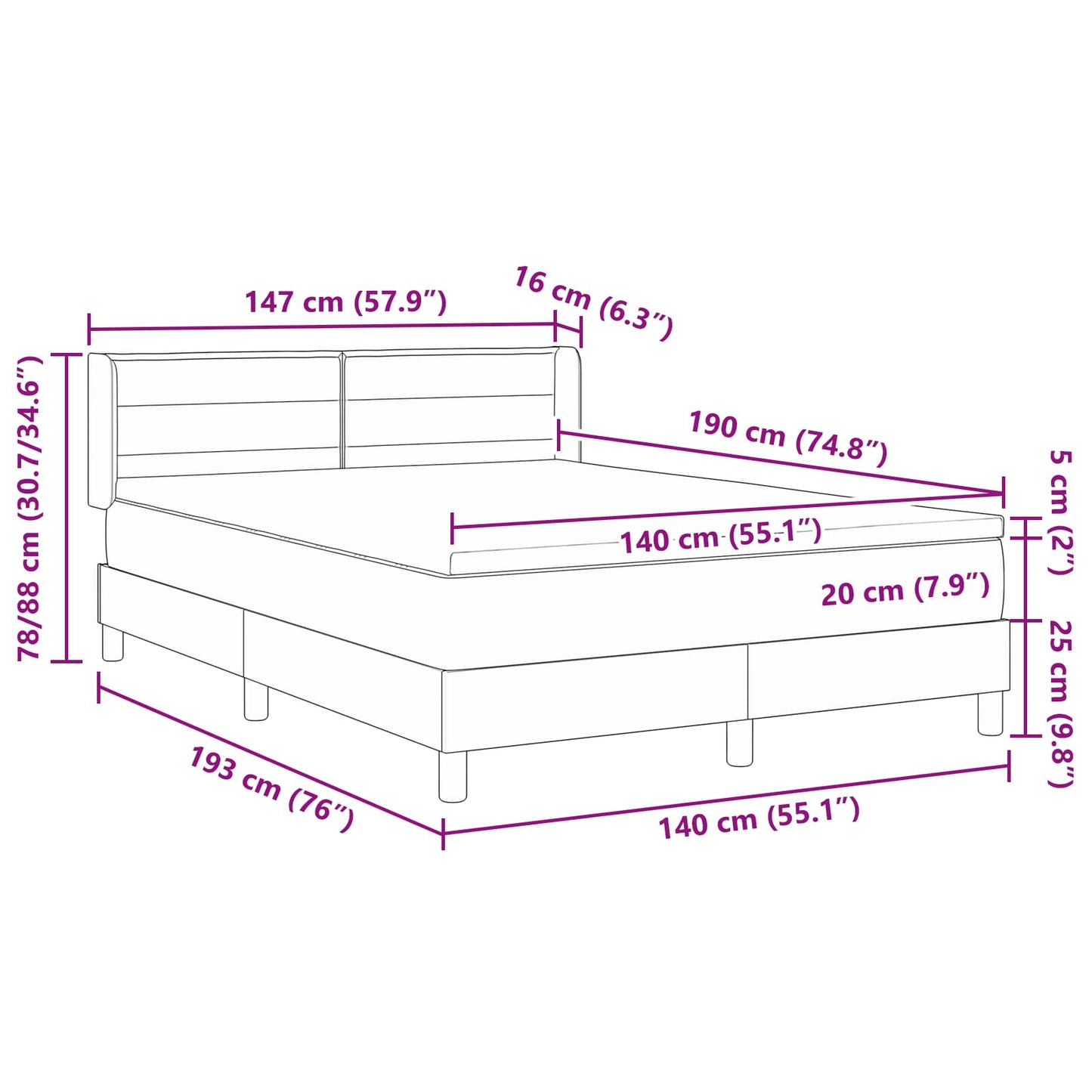 Boxspringbett mit Kopfteil Schwarz 190 x 140 cm Stoff