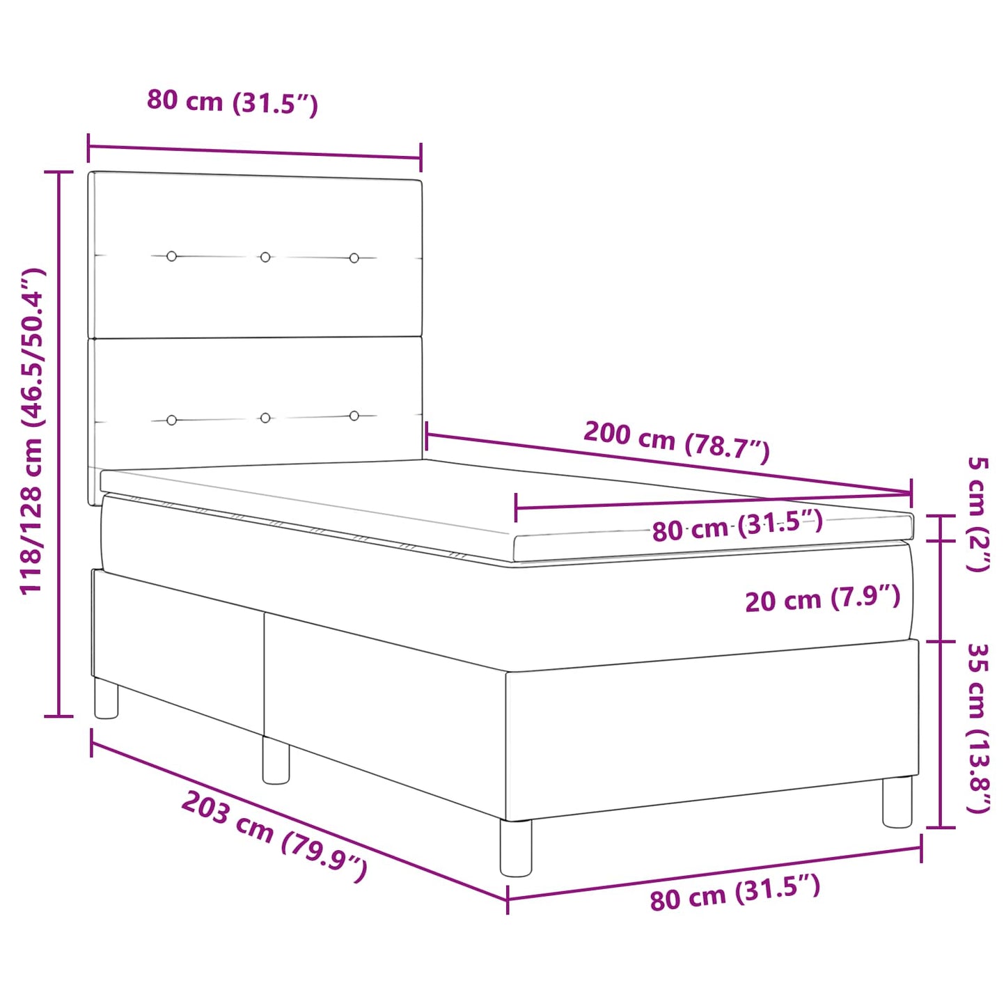 Boxspringbett mit LED-Lichtleisten Schwarz 80 x 200 cm Stoff