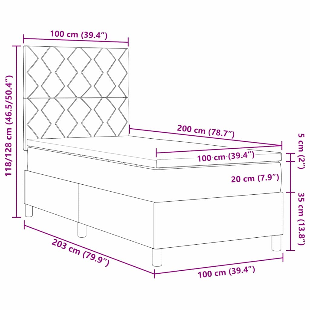 LED Boxspringbett mit Kopfteil Hellgrau 100 x 200 cm Samt