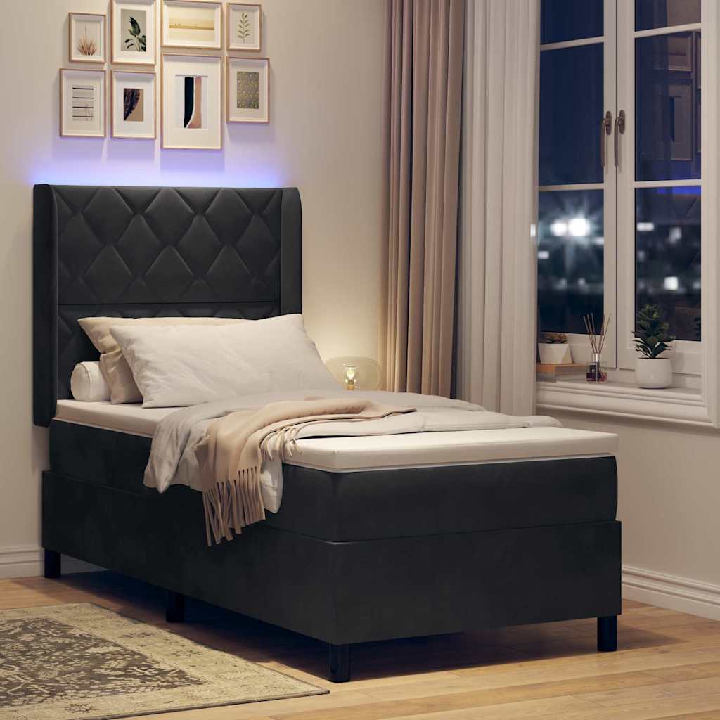 LED Boxspringbett mit Matratze Schwarz 90 x 190 cm Samt