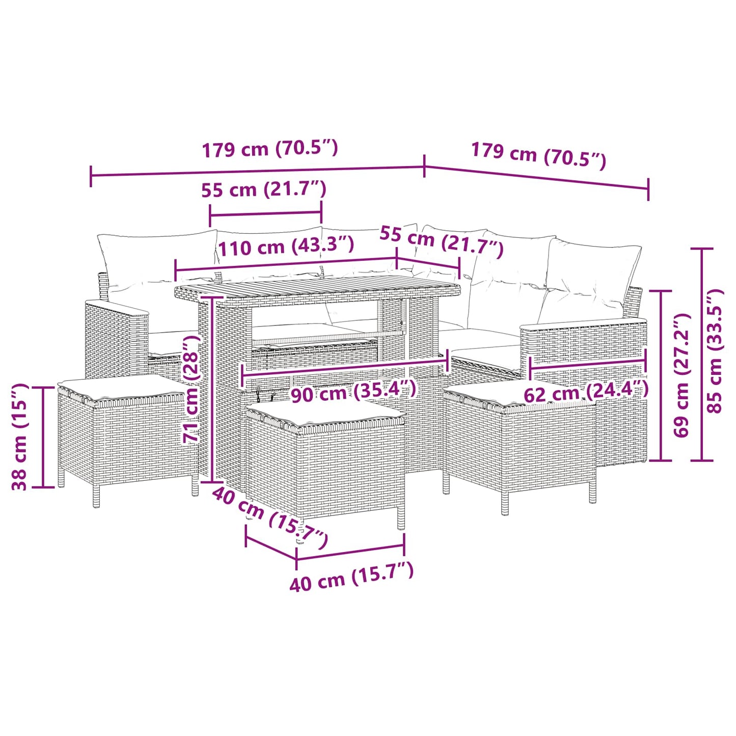 Gartensofa-set 9 stk. Schwarz Poly-Rattan