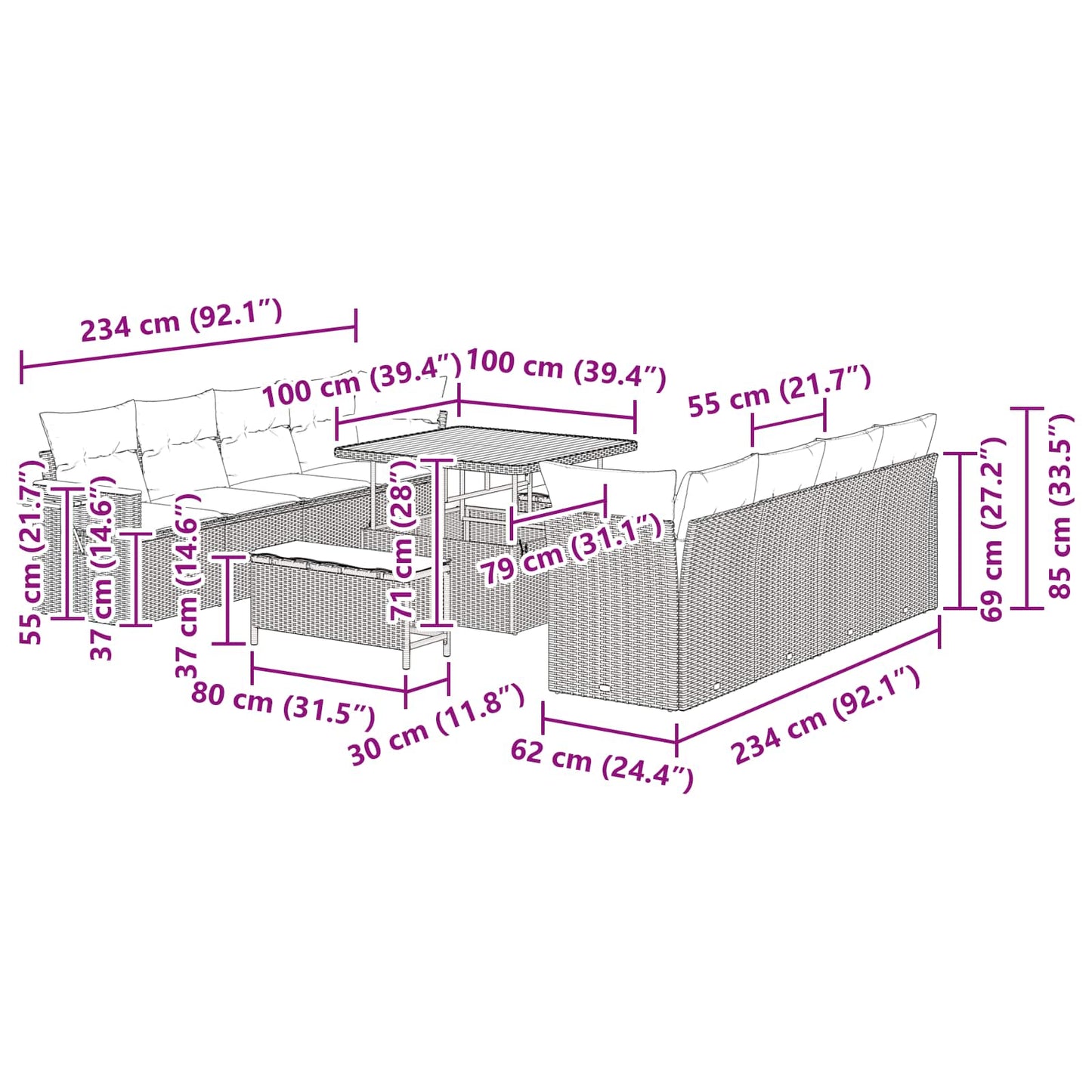 Gartensofa-set 11 stk. Schwarz Poly-Rattan