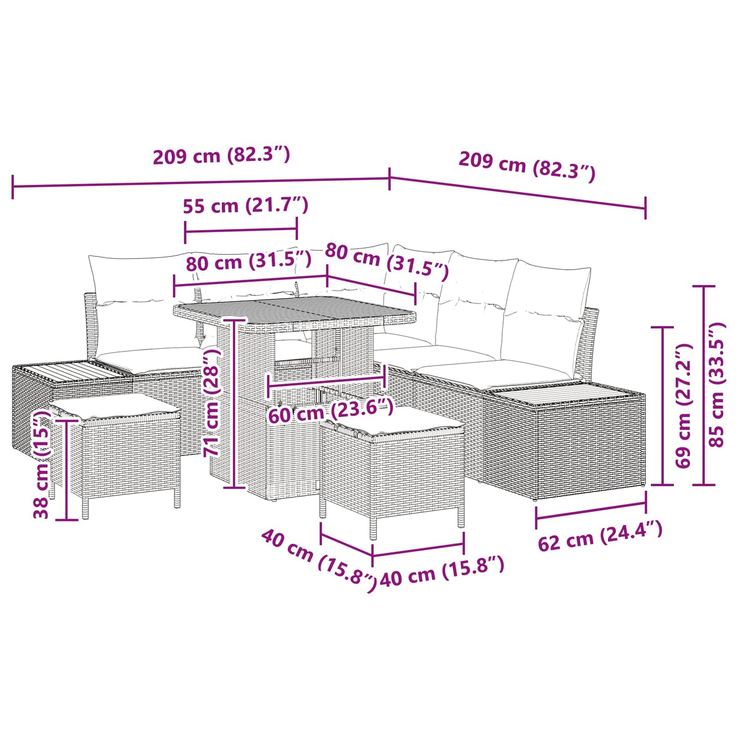 Gartensofa-set 8 stk. 7-Sitzanzahl Schwarz