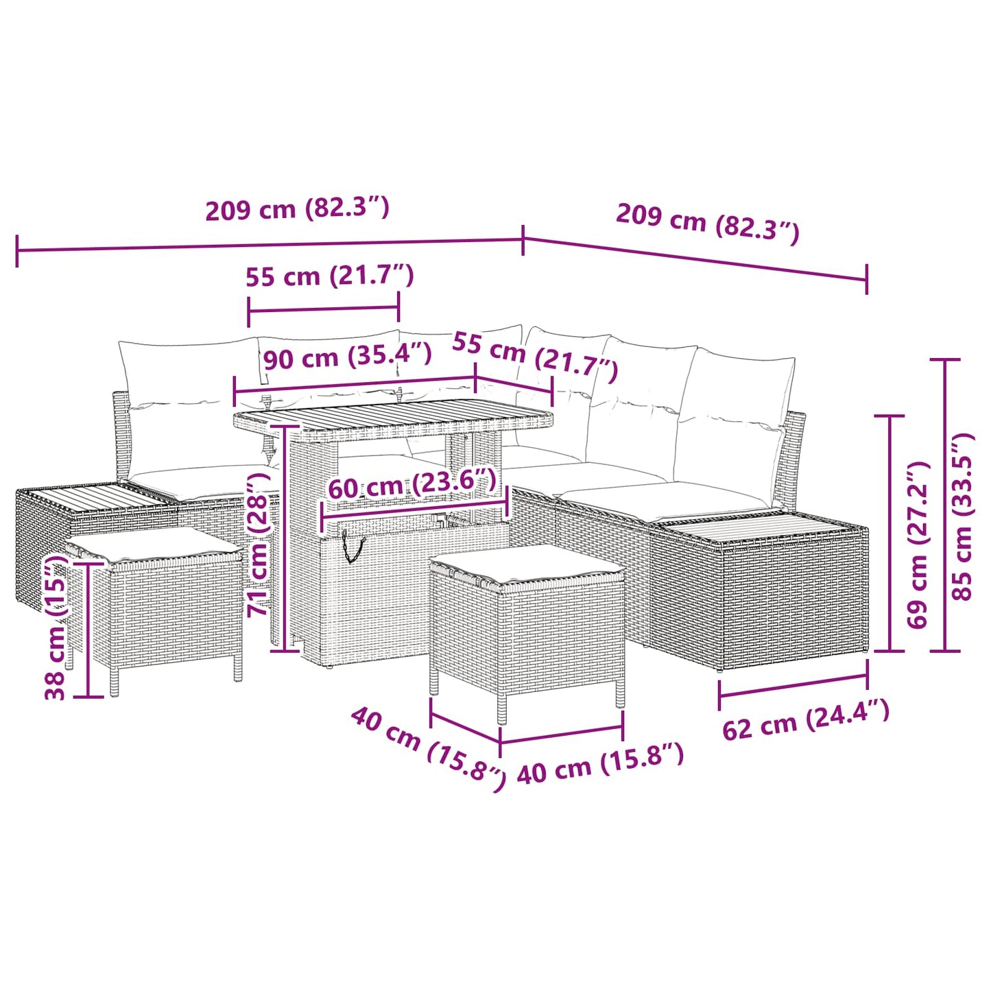 Gartensofa-set 8 stk. 7-Sitzanzahl Schwarz