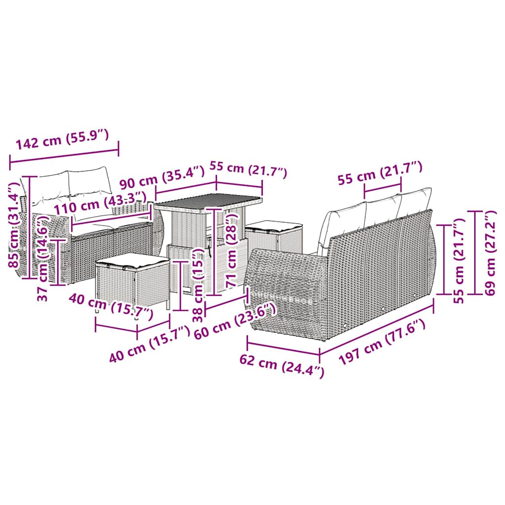 Gartensofa-set 8 stk. 5-Sitzanzahl Beige und Creme Poly-Rattan