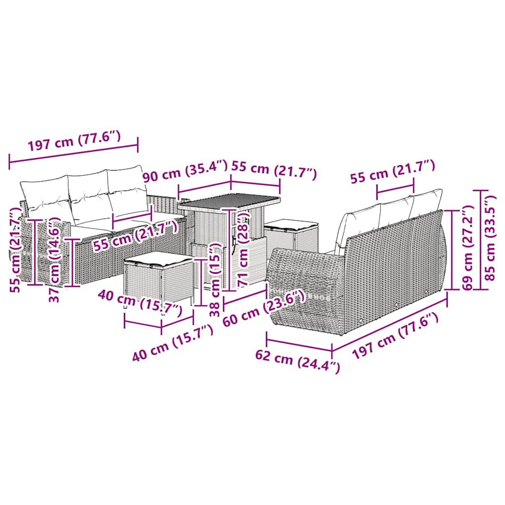 Gartensofa-set 9 Stk. 6-Sitzanzahl Beige und Creme Poly-Rattan