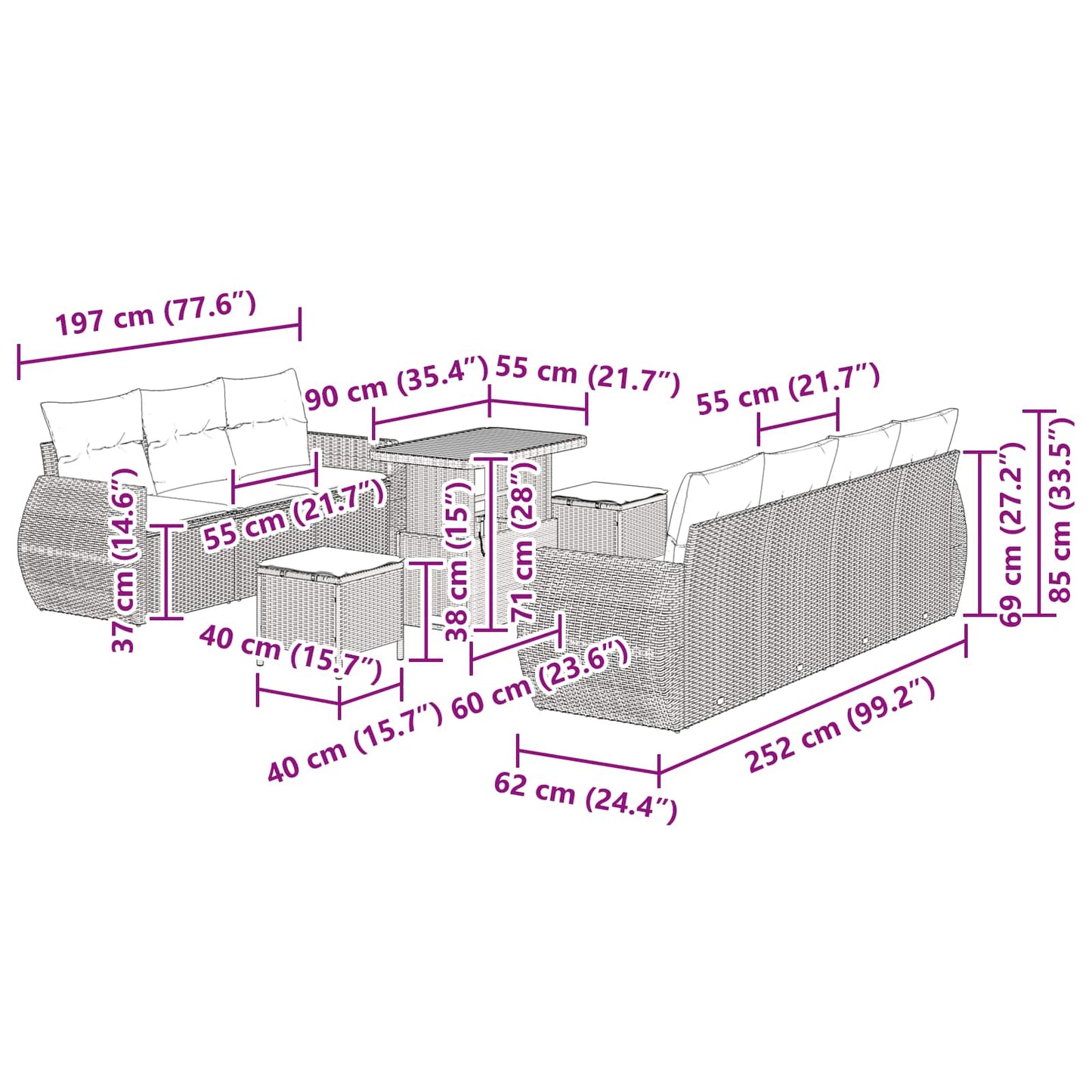 Gartensofa-set mit Kissen mit Kissen 10 pcs Schwarz Poly-Rattan