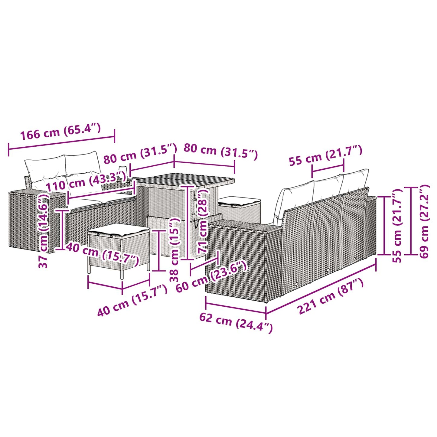 Gartensofa-set mit Kissen mit Kissen 8 pcs Schwarz Poly Rattan
