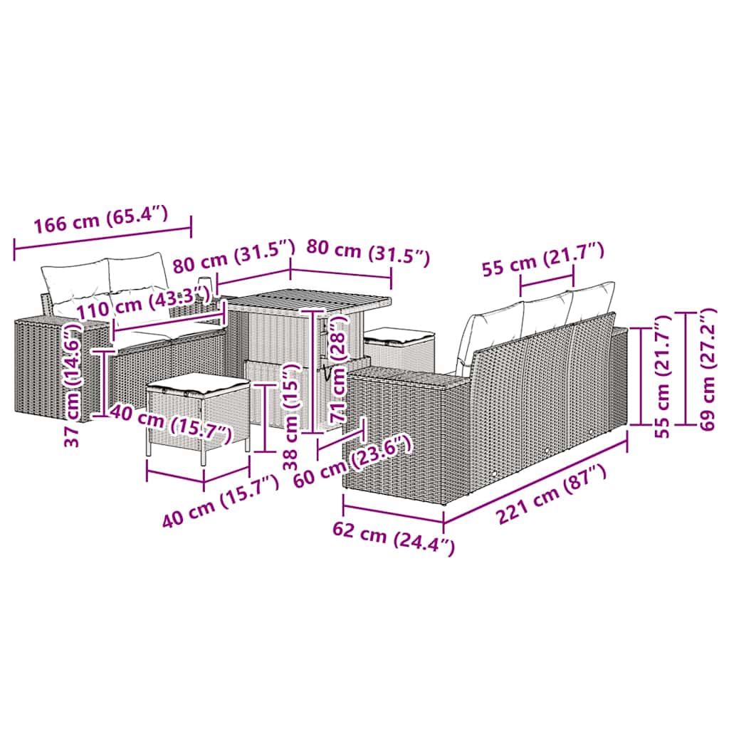 Gartensofa-set 8 Stk. 8-Sitzanzahl Beige und Creme Poly Rattan