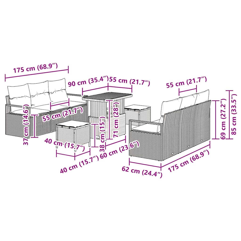 Garten-Sofa-Set 9 stk. Schwarz Poly Rattan